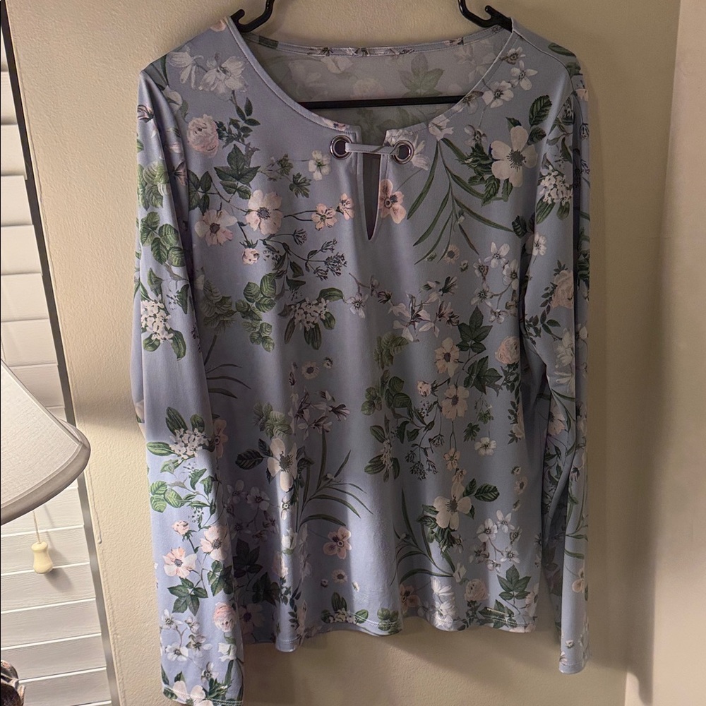 Calvin Klein Floral Long Sleeve Top - Light Blue